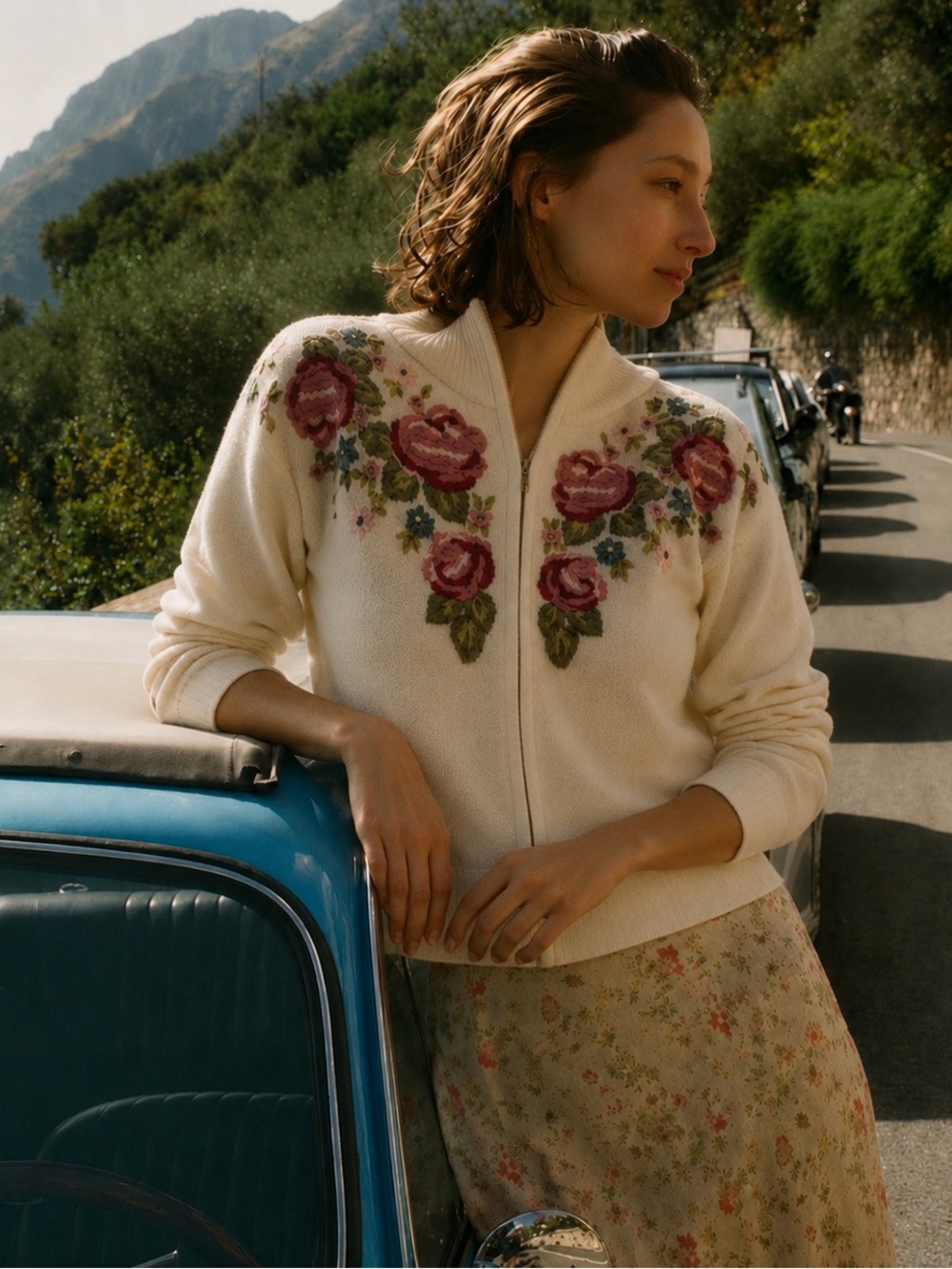 VTG Tiara International Floral Embroidered Creamy White Zip Cardigan Sweater, L